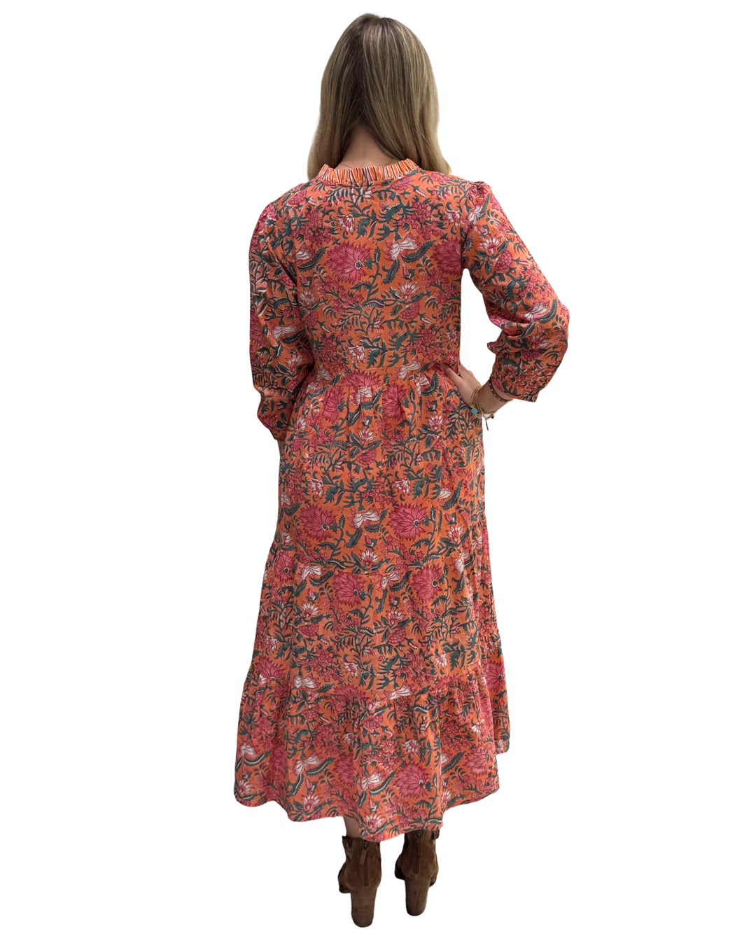 The Campbell Cotton Hand Block Printed Dress in Orange Floral — view 4