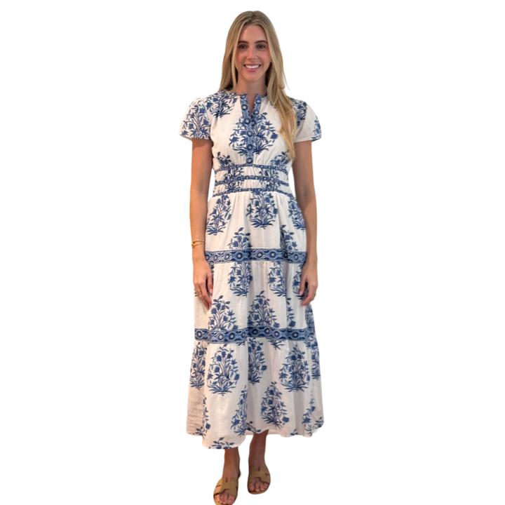 The Sydney Cinch Waist Cotton Block Print Dress in Blue and White — view 2
