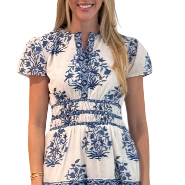 The Sydney Cinch Waist Cotton Block Print Dress in Blue and White — view 3