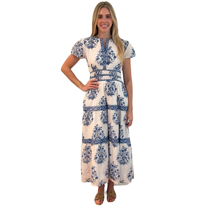 The Sydney Cinch Waist Cotton Block Print Dress in Blue and White