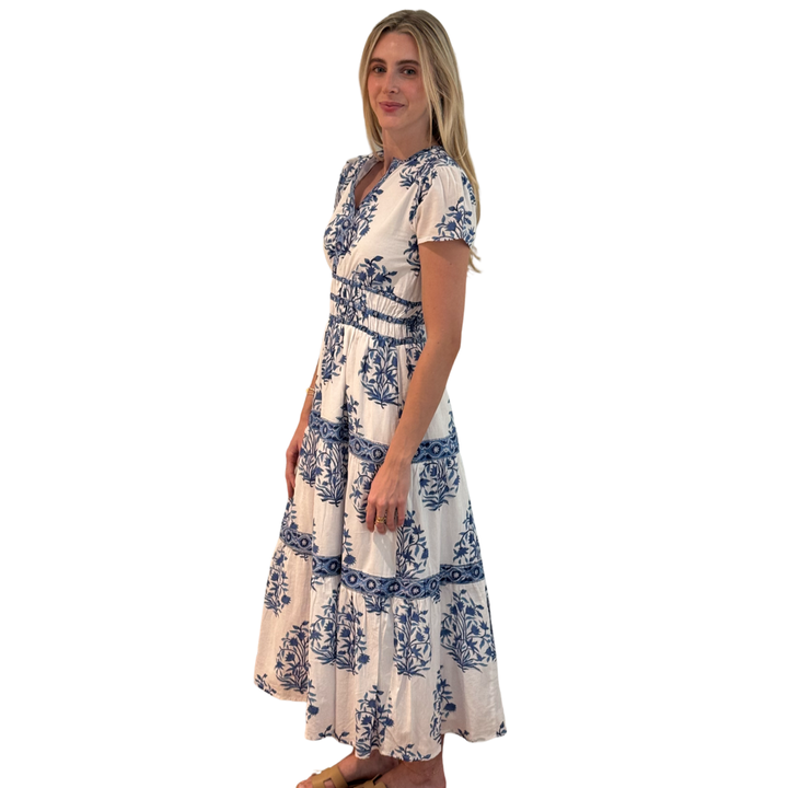 The Sydney Cinch Waist Cotton Block Print Dress in Blue and White — view 4