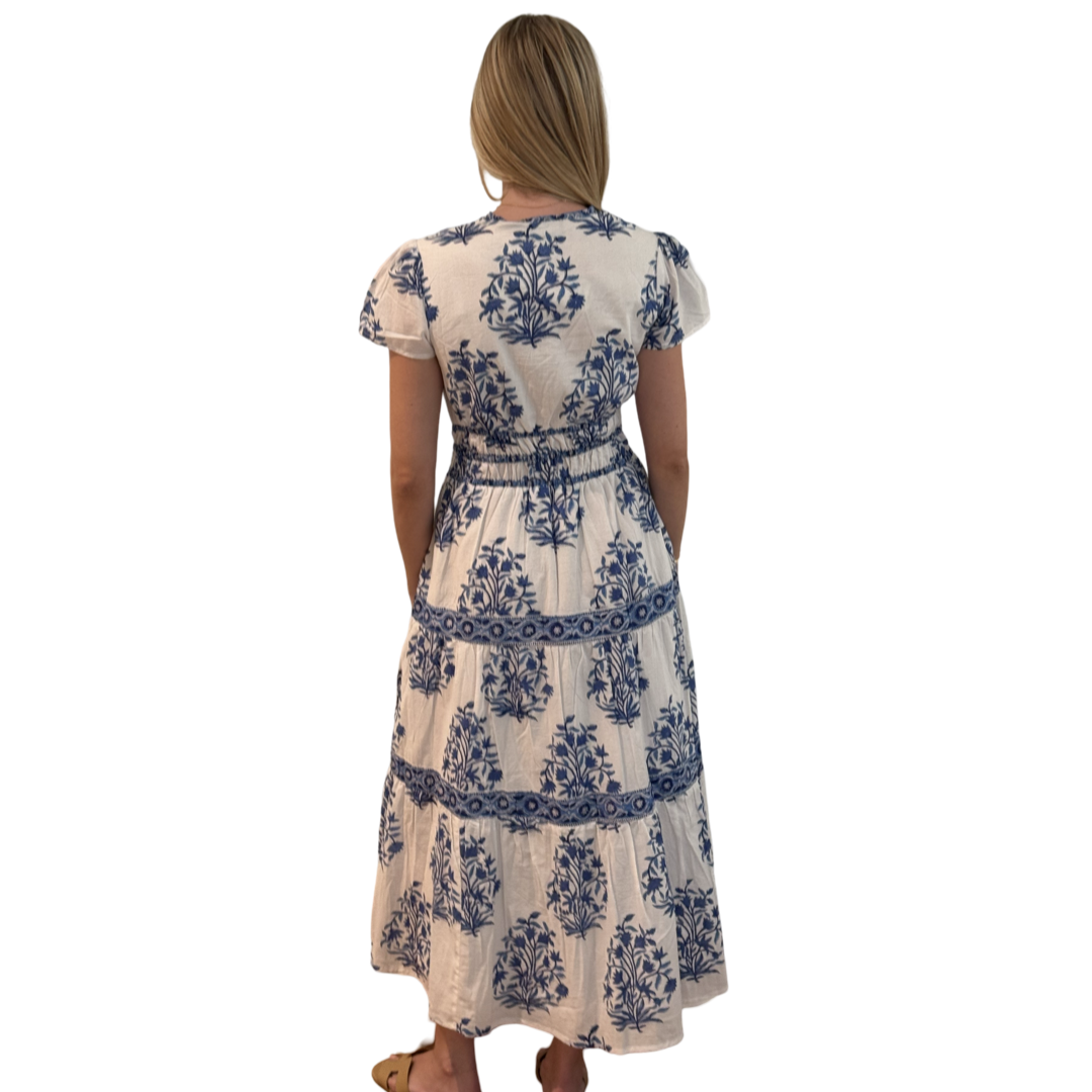 The Sydney Cinch Waist Cotton Block Print Dress in Blue and White — view 5