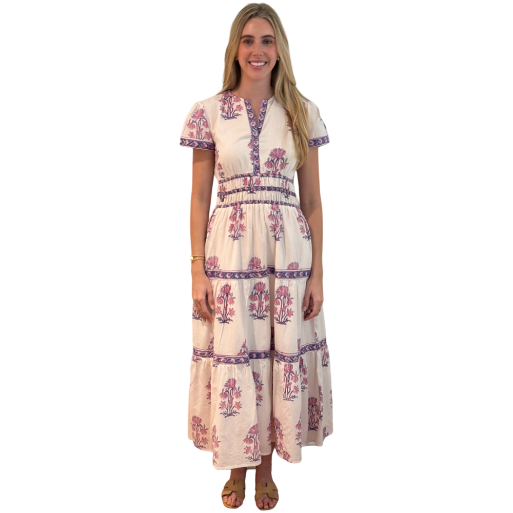 The Sydney Cotton Block Print Dress in Pink and Lavender Hand Blocked Floral — view 2