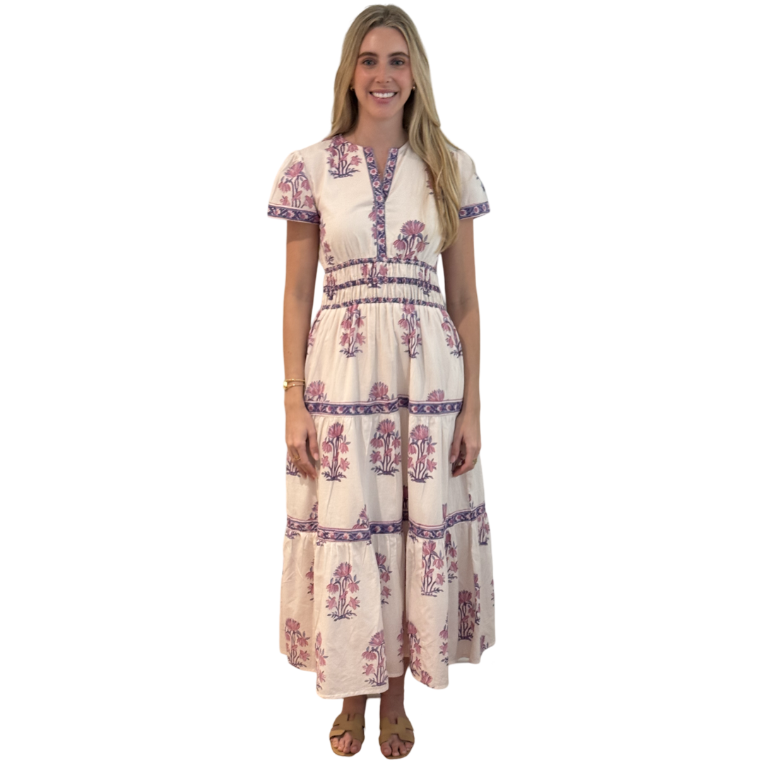 The Sydney Cotton Block Print Dress in Pink and Lavender Hand Blocked Floral — view 2