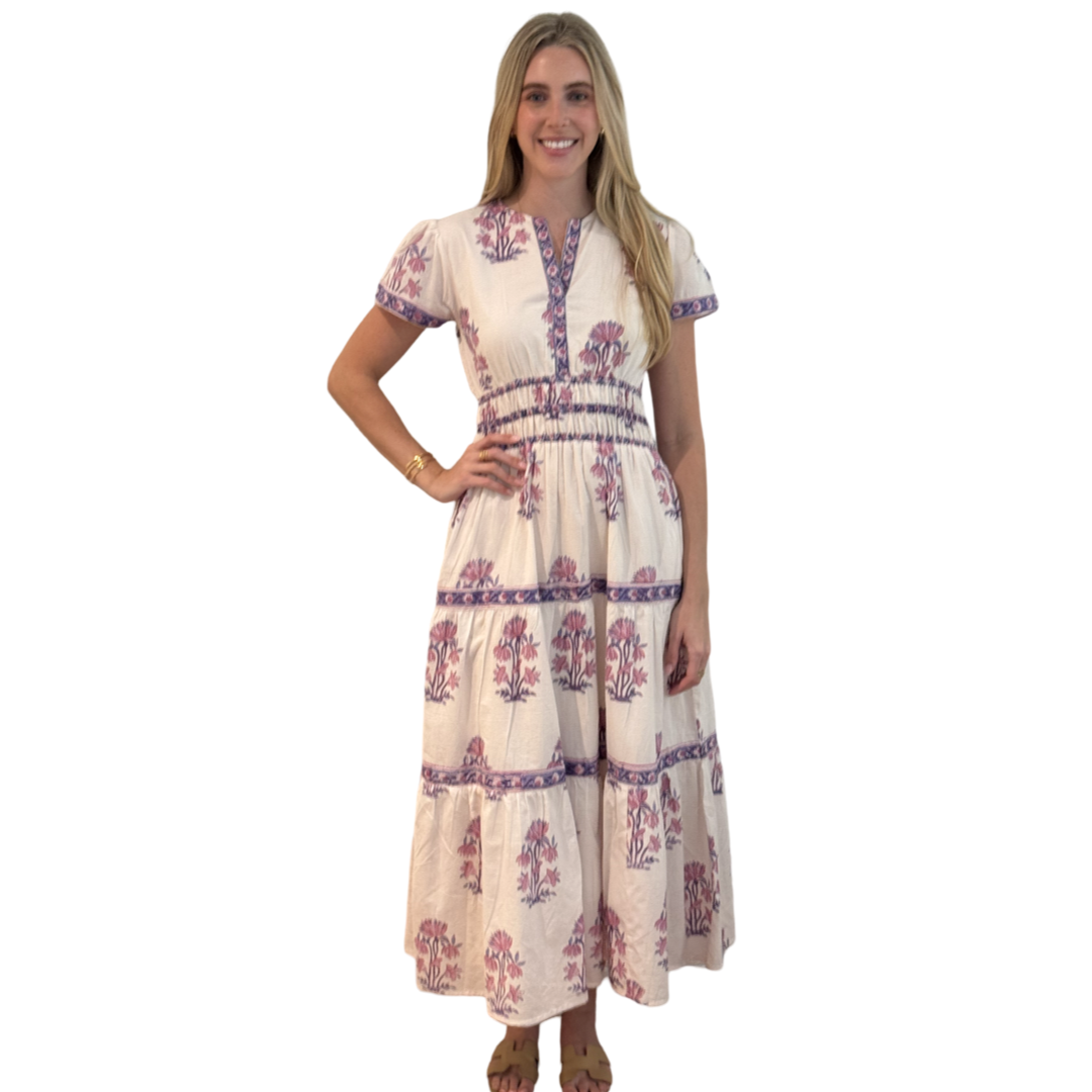 The Sydney Cotton Block Print Dress in Pink and Lavender Hand Blocked Floral