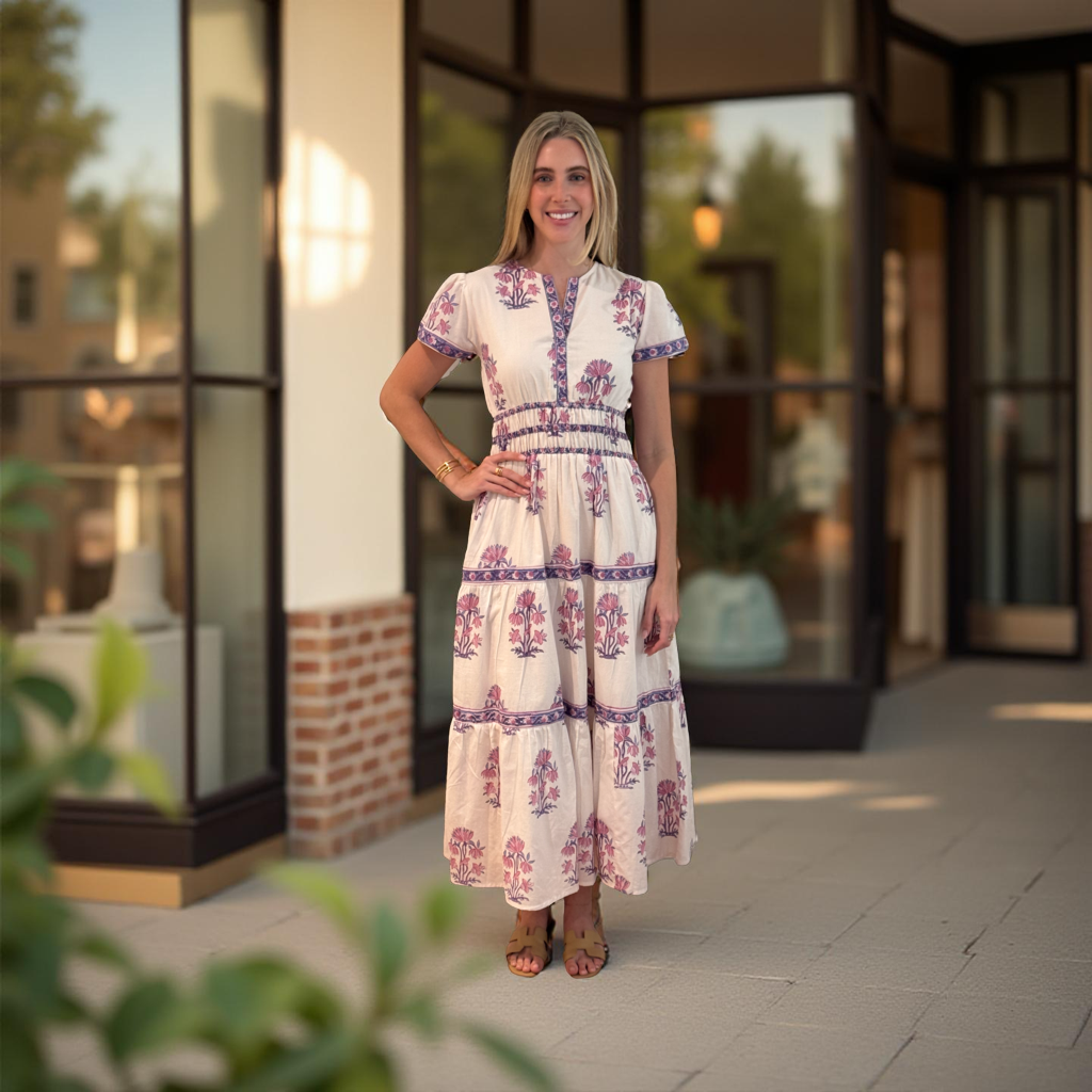 The Sydney Cotton Block Print Dress in Pink and Lavender Hand Blocked Floral — view 6