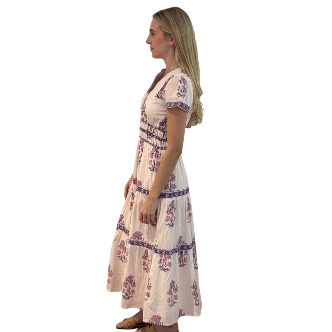 The Sydney Cotton Block Print Dress in Pink and Lavender Hand Blocked Floral — view 3