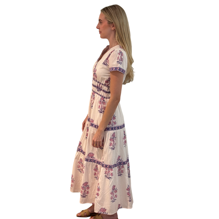 The Sydney Cotton Block Print Dress in Pink and Lavender Hand Blocked Floral — view 3