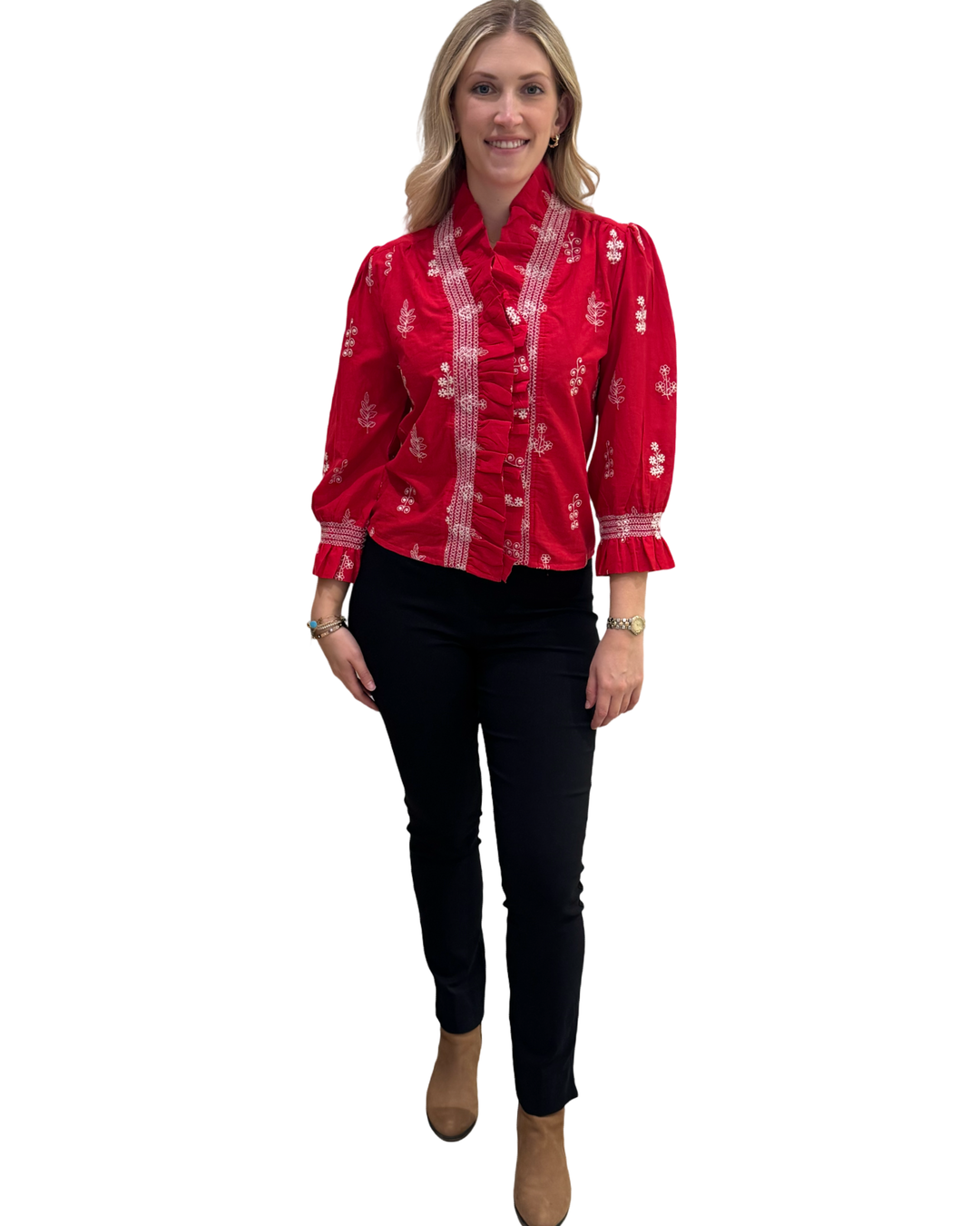 The Amelia Ruffle Front Top in Red and White Embroidered cotton — view 5