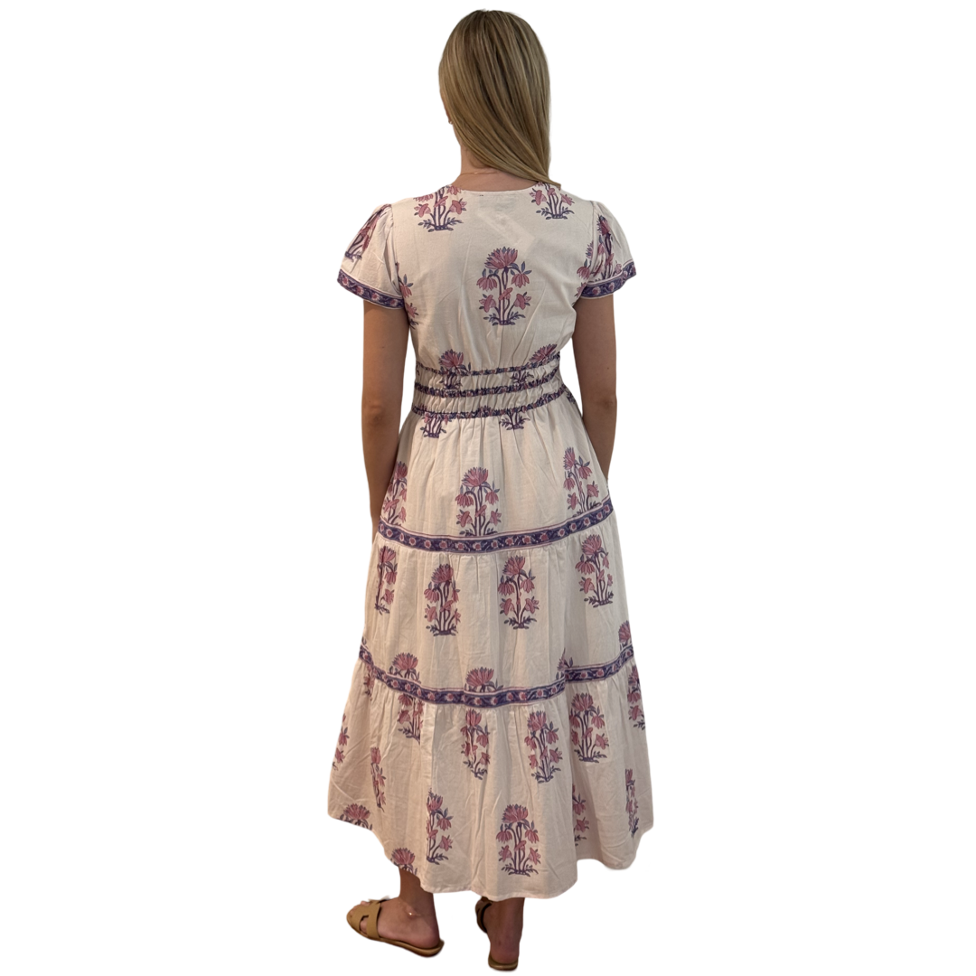 The Sydney Cotton Block Print Dress in Pink and Lavender Hand Blocked Floral — view 4