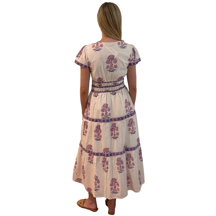 The Sydney Cotton Block Print Dress in Pink and Lavender Hand Blocked Floral — view 4