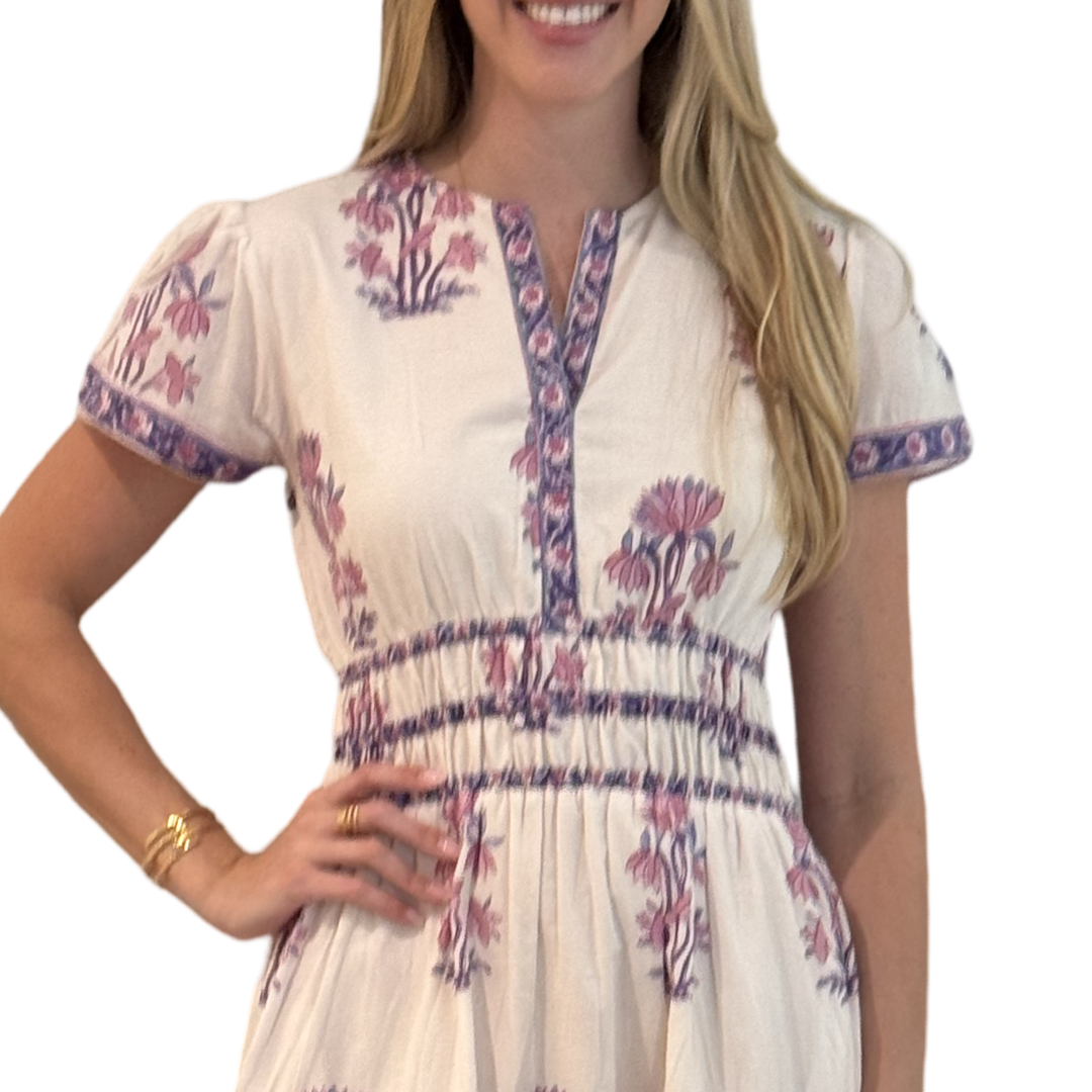 The Sydney Cotton Block Print Dress in Pink and Lavender Hand Blocked Floral — view 5