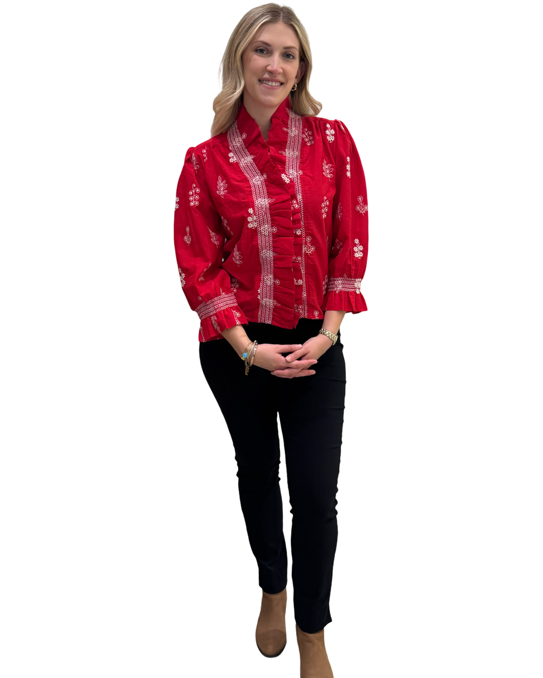 The Amelia Ruffle Front Top in Red and White Embroidered cotton — view 6