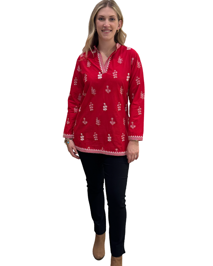 The Brie Embroidered Cotton Tunic in Red and White
