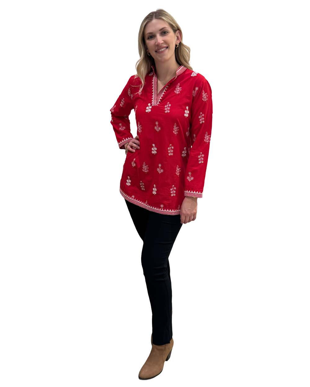 The Brie Embroidered Cotton Tunic in Red and White — view 2