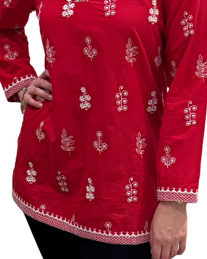 The Brie Embroidered Cotton Tunic in Red and White — view 3