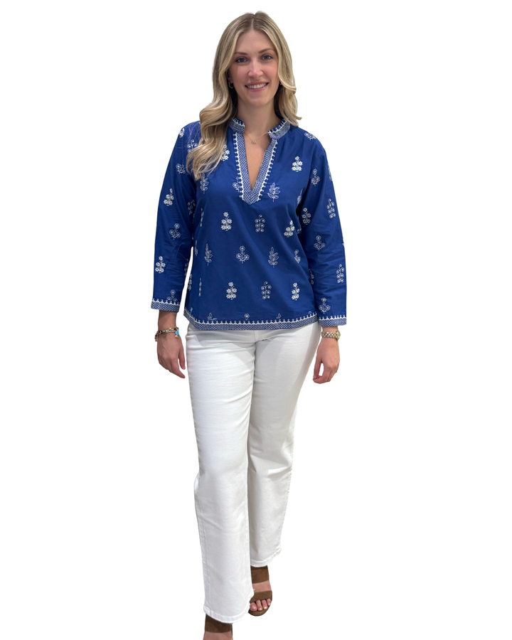 The Kelsea Embroidered Top in Royal and White — view 2