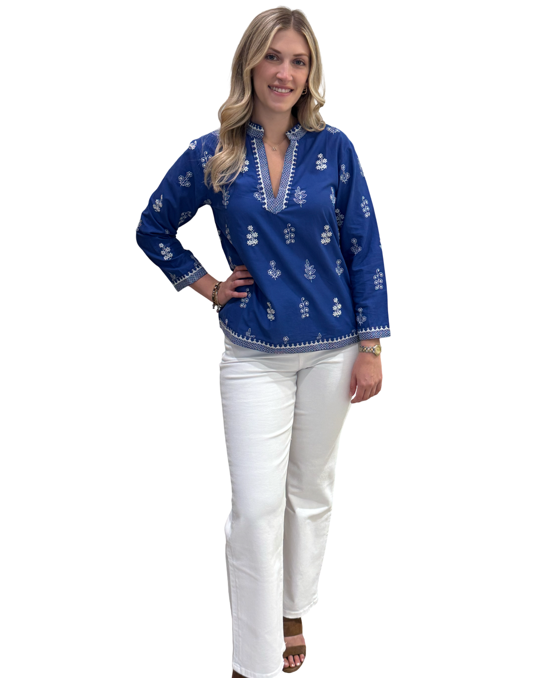The Kelsea Embroidered Top in Royal and White