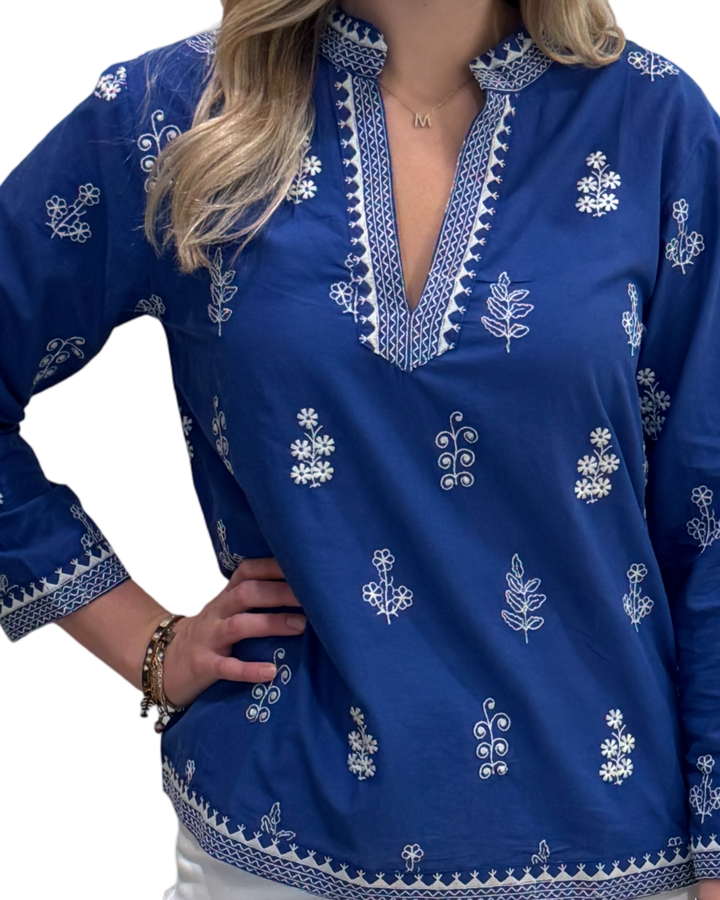 The Kelsea Embroidered Top in Royal and White — view 3