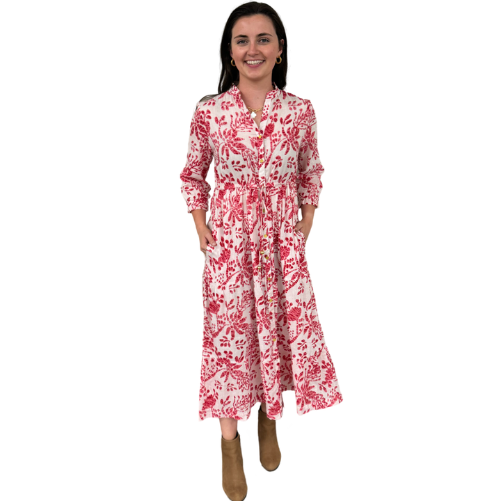The Hamilton Tie Front Cotton Dress in Rose Pink and White — view 4