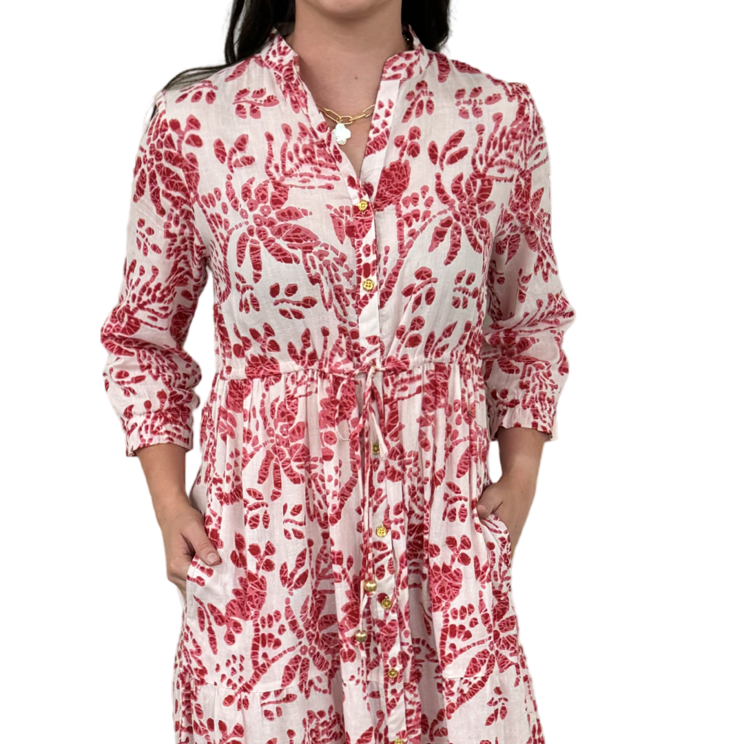 The Hamilton Tie Front Cotton Dress in Rose Pink and White — view 5