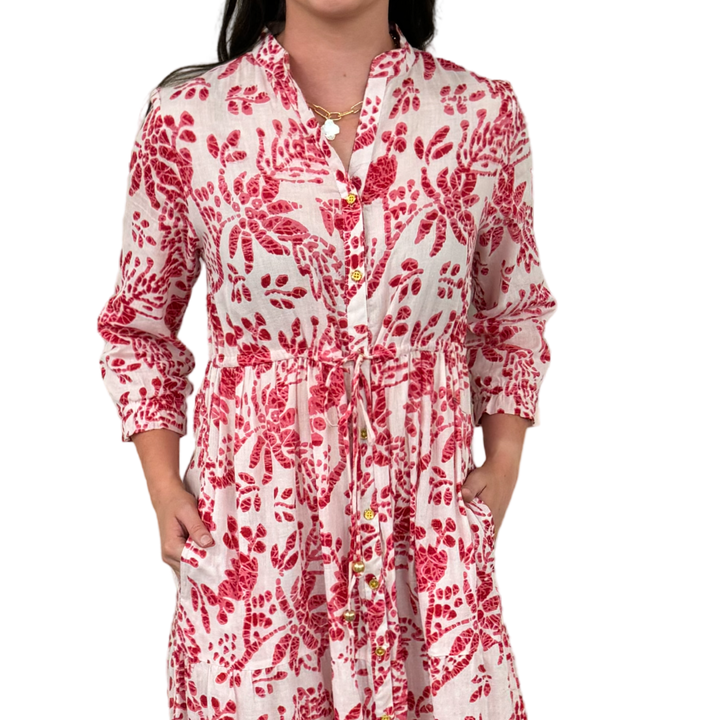 The Hamilton Tie Front Cotton Dress in Rose Pink and White — view 5