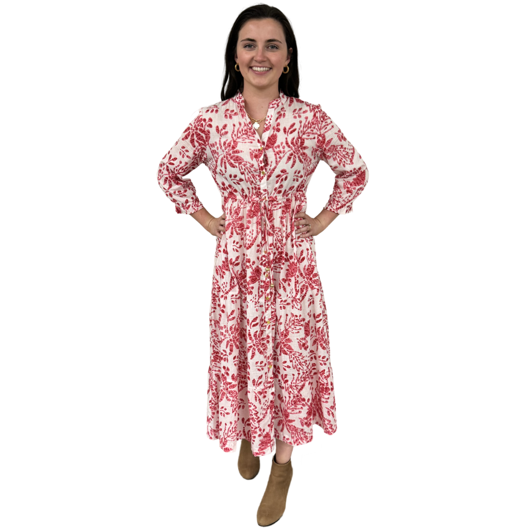 The Hamilton Tie Front Cotton Dress in Rose Pink and White — view 3
