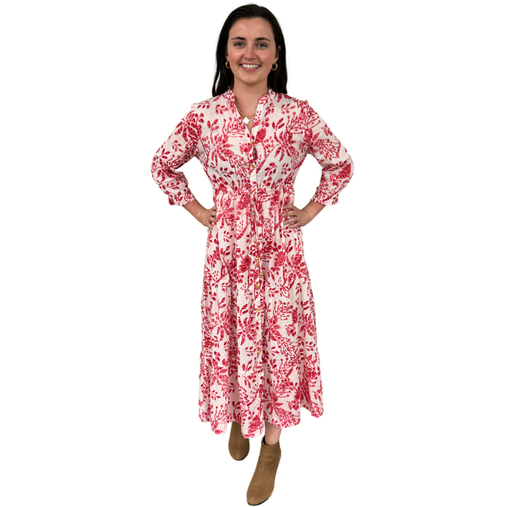 The Hamilton Tie Front Cotton Dress in Rose Pink and White — view 3