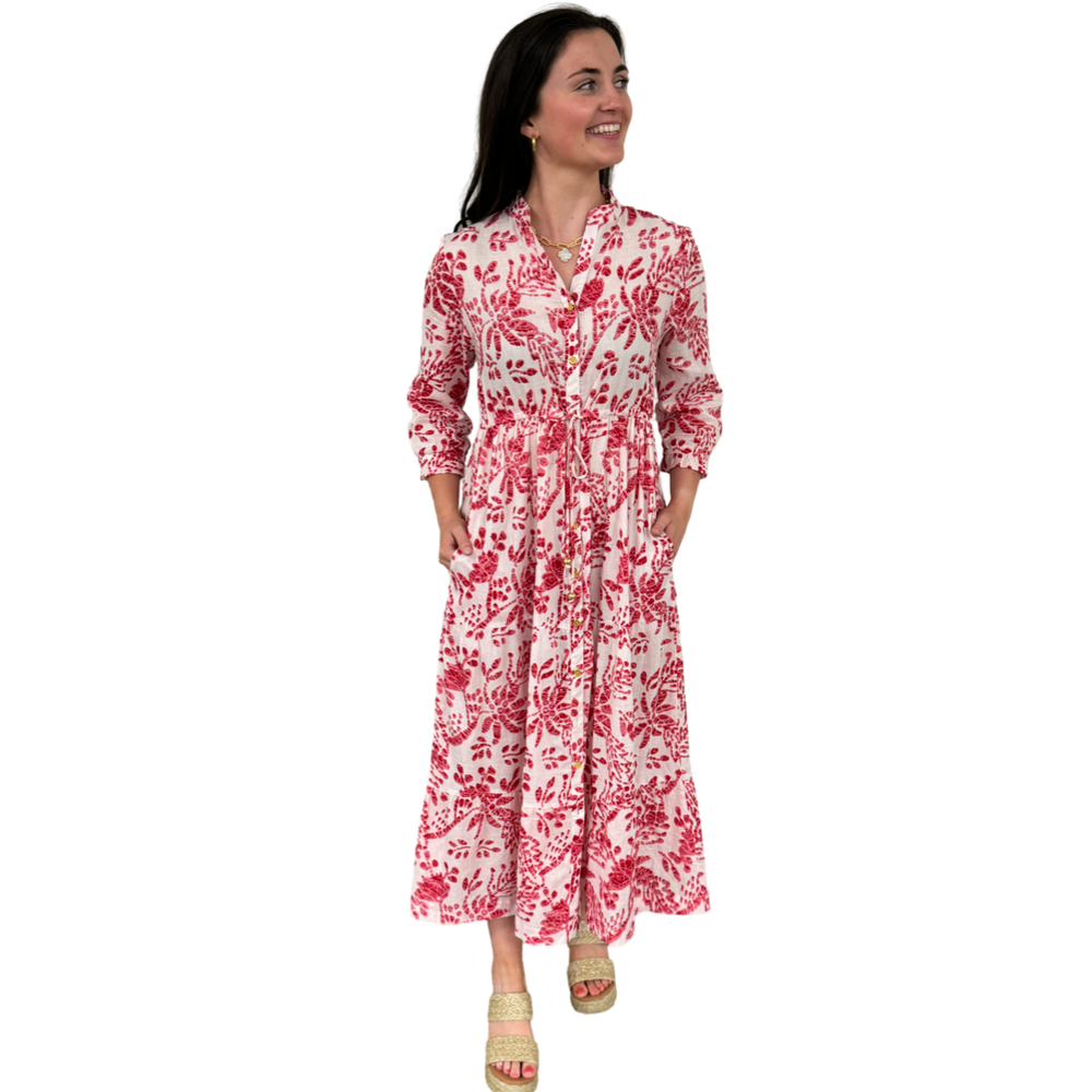 The Hamilton Tie Front Cotton Dress in Rose Pink and White — view 2