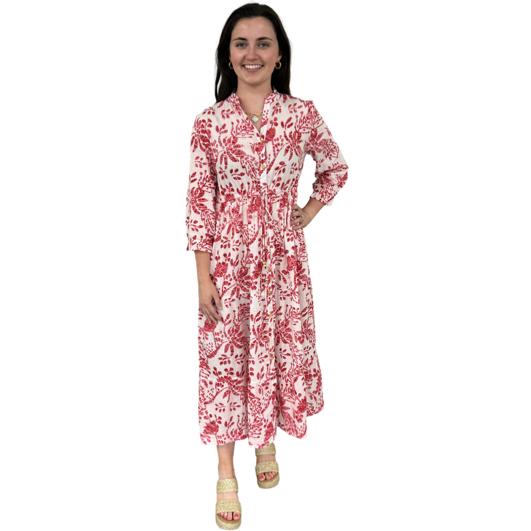 The Hamilton Tie Front Cotton Dress in Rose Pink and White