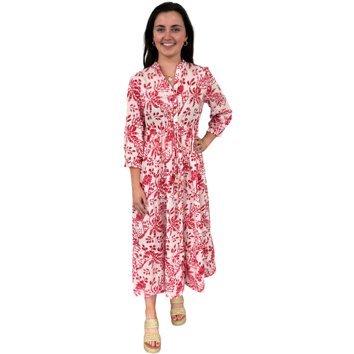 The Hamilton Tie Front Cotton Dress in Rose Pink and White