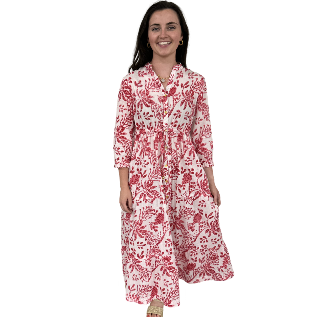 The Hamilton Tie Front Cotton Dress in Rose Pink and White — view 6