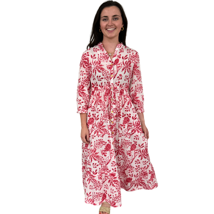The Hamilton Tie Front Cotton Dress in Rose Pink and White — view 6