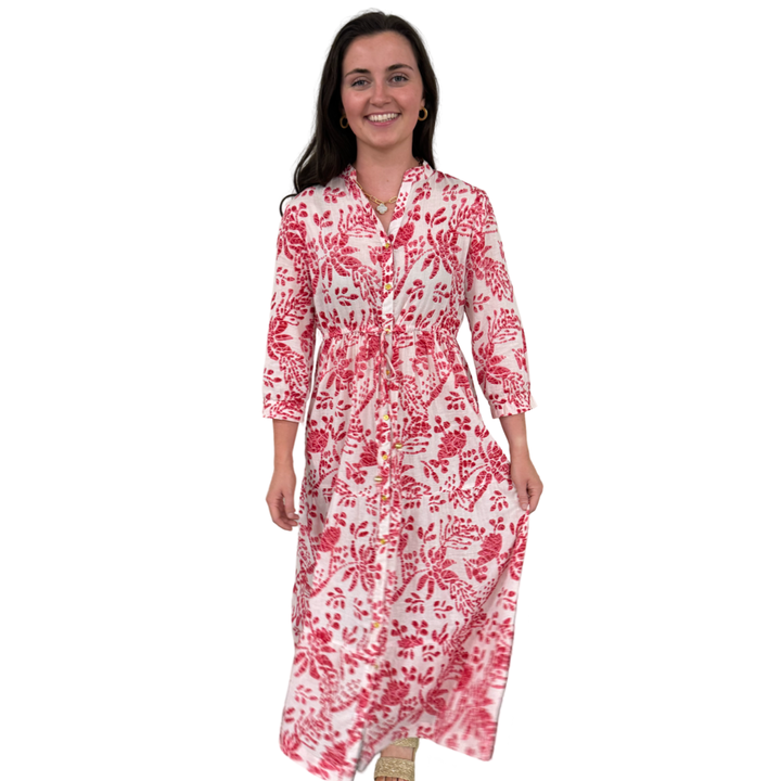 The Hamilton Tie Front Cotton Dress in Rose Pink and White — view 7