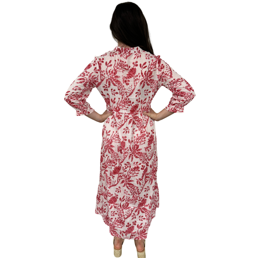 The Hamilton Tie Front Cotton Dress in Rose Pink and White — view 8