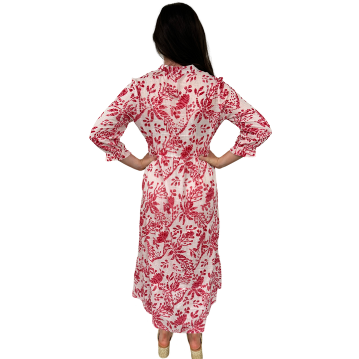 The Hamilton Tie Front Cotton Dress in Rose Pink and White — view 8