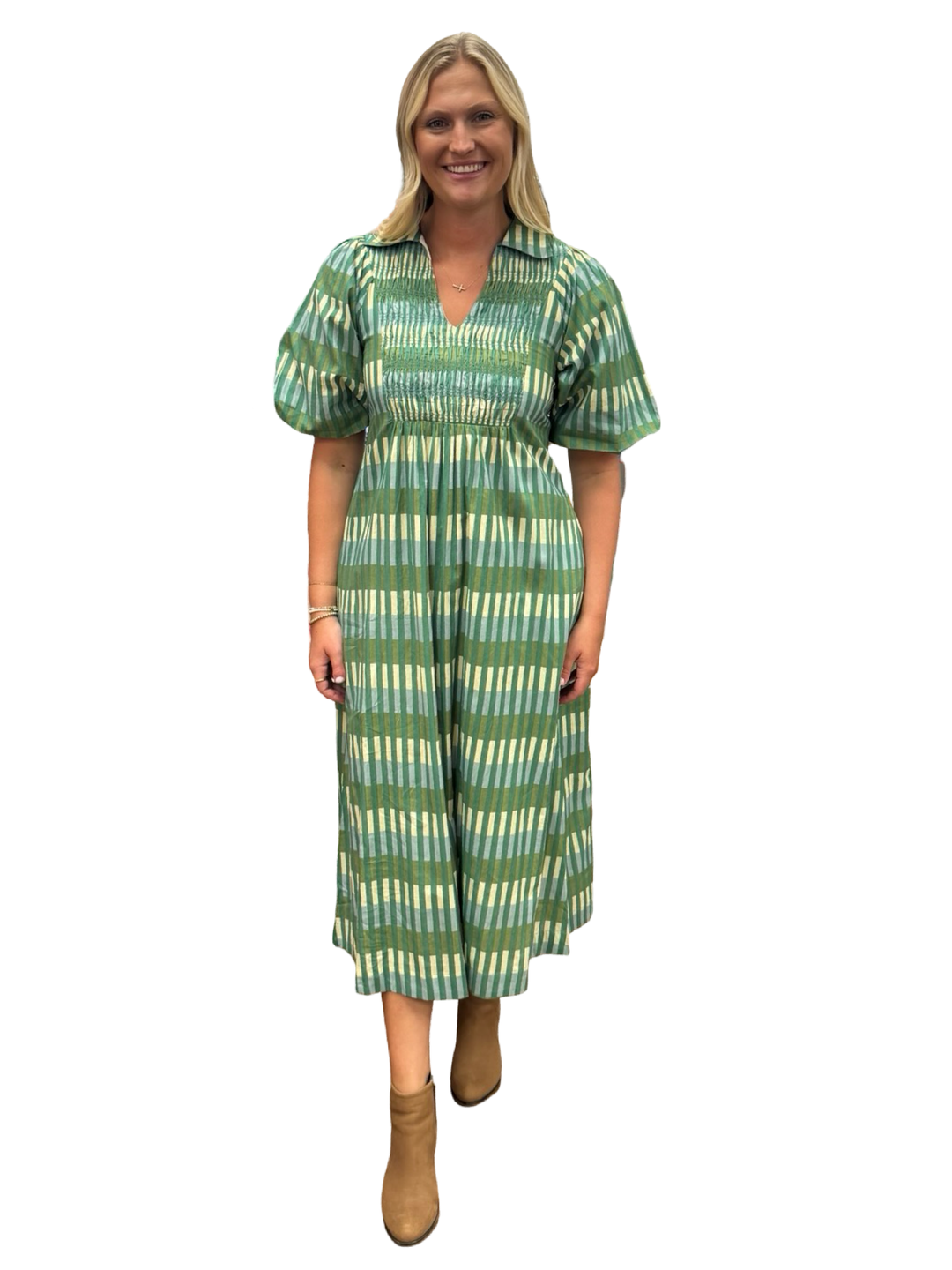The Joanie Smocked Dress in Army Green Plaid