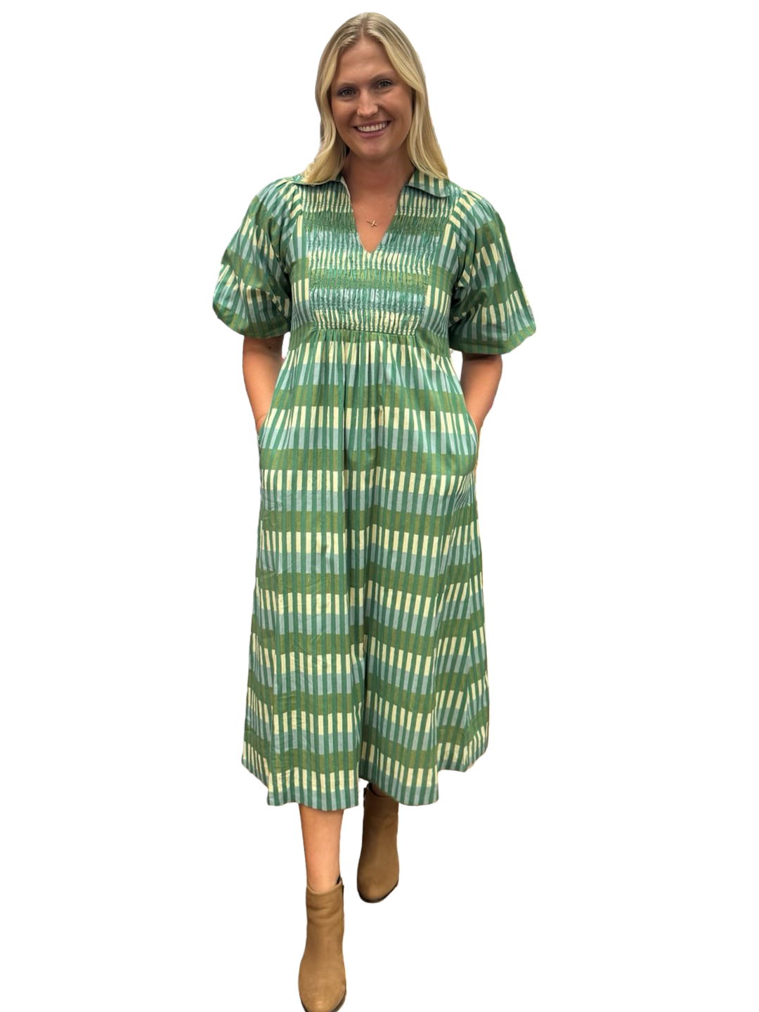 The Joanie Smocked Dress in Army Green Plaid