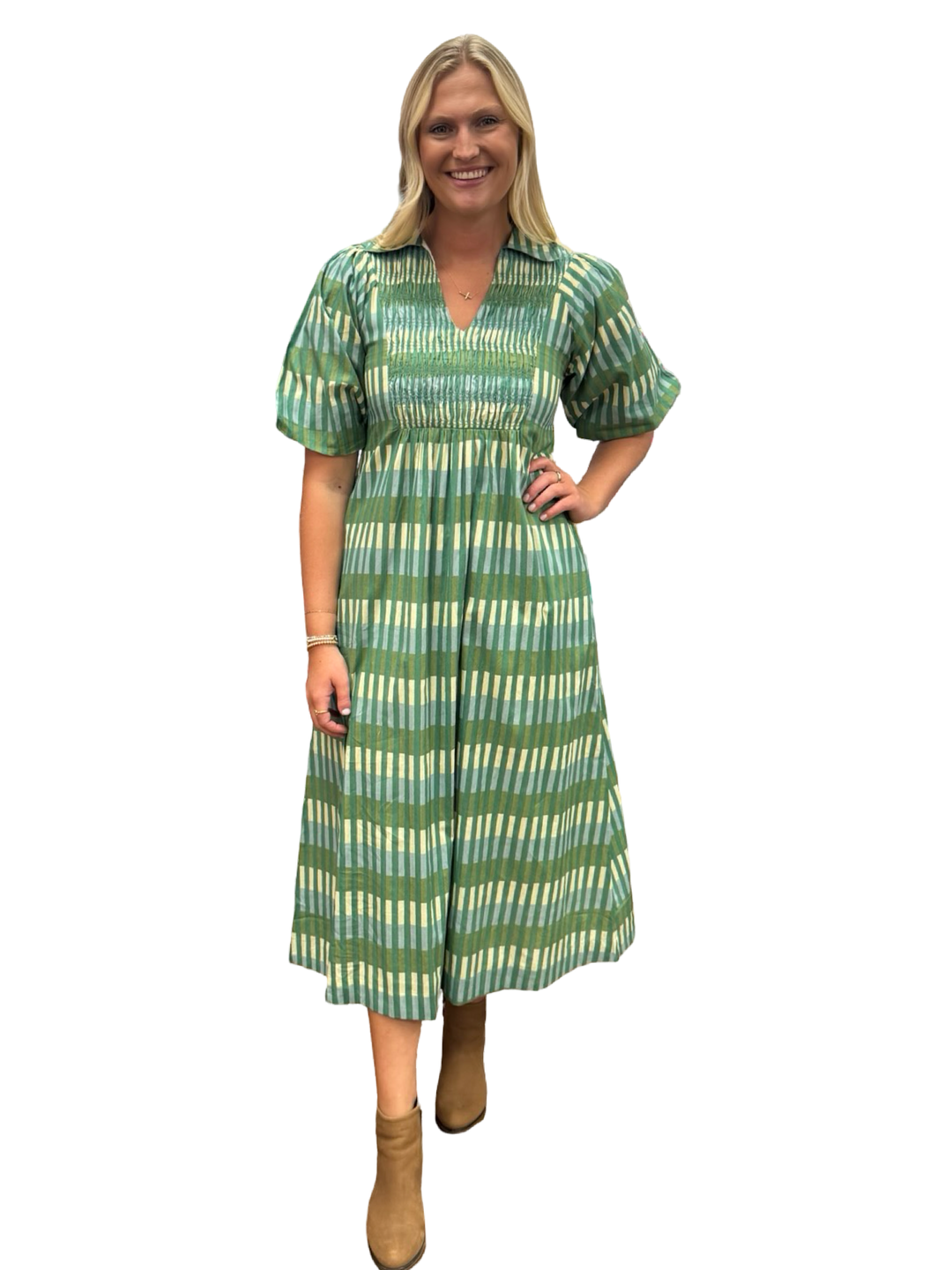 The Joanie Smocked Dress in Army Green Plaid