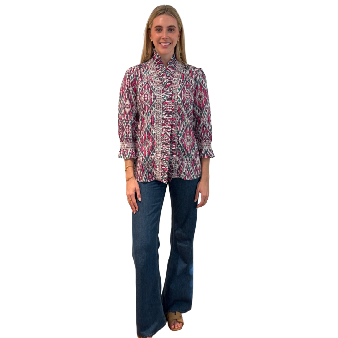 The Amelia Ruffle Trim Smocked Top in Pink and Navy Ikat