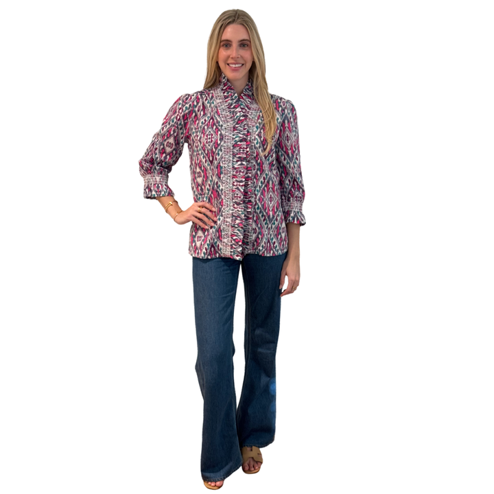 The Amelia Ruffle Trim Smocked Top in Pink and Navy Ikat — view 2