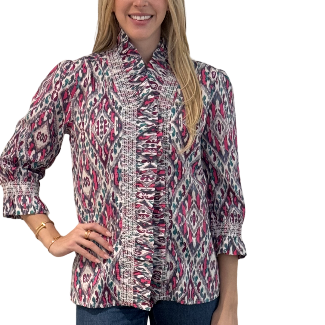 The Amelia Ruffle Trim Smocked Top in Pink and Navy Ikat — view 4