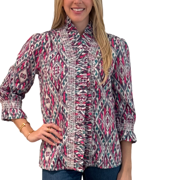 The Amelia Ruffle Trim Smocked Top in Pink and Navy Ikat — view 4
