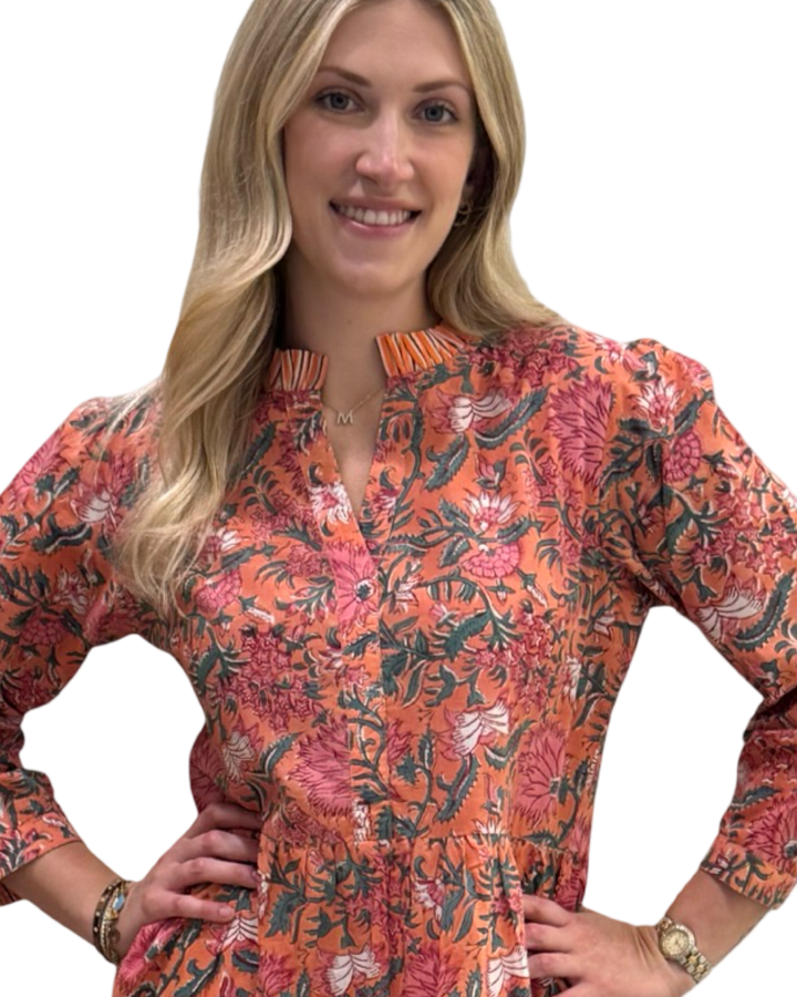 The Campbell Cotton Hand Block Printed Dress in Orange Floral — view 5