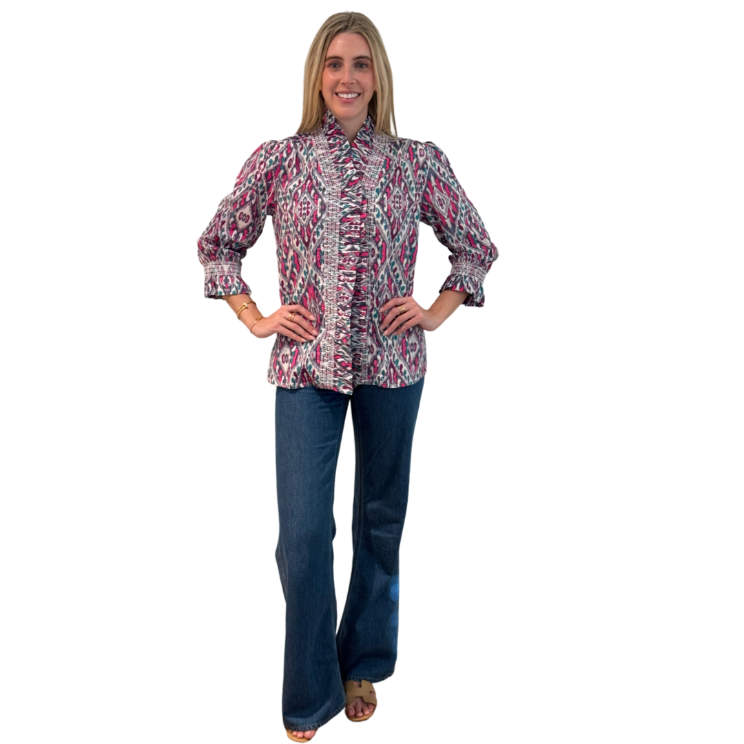 The Amelia Ruffle Trim Smocked Top in Pink and Navy Ikat — view 3