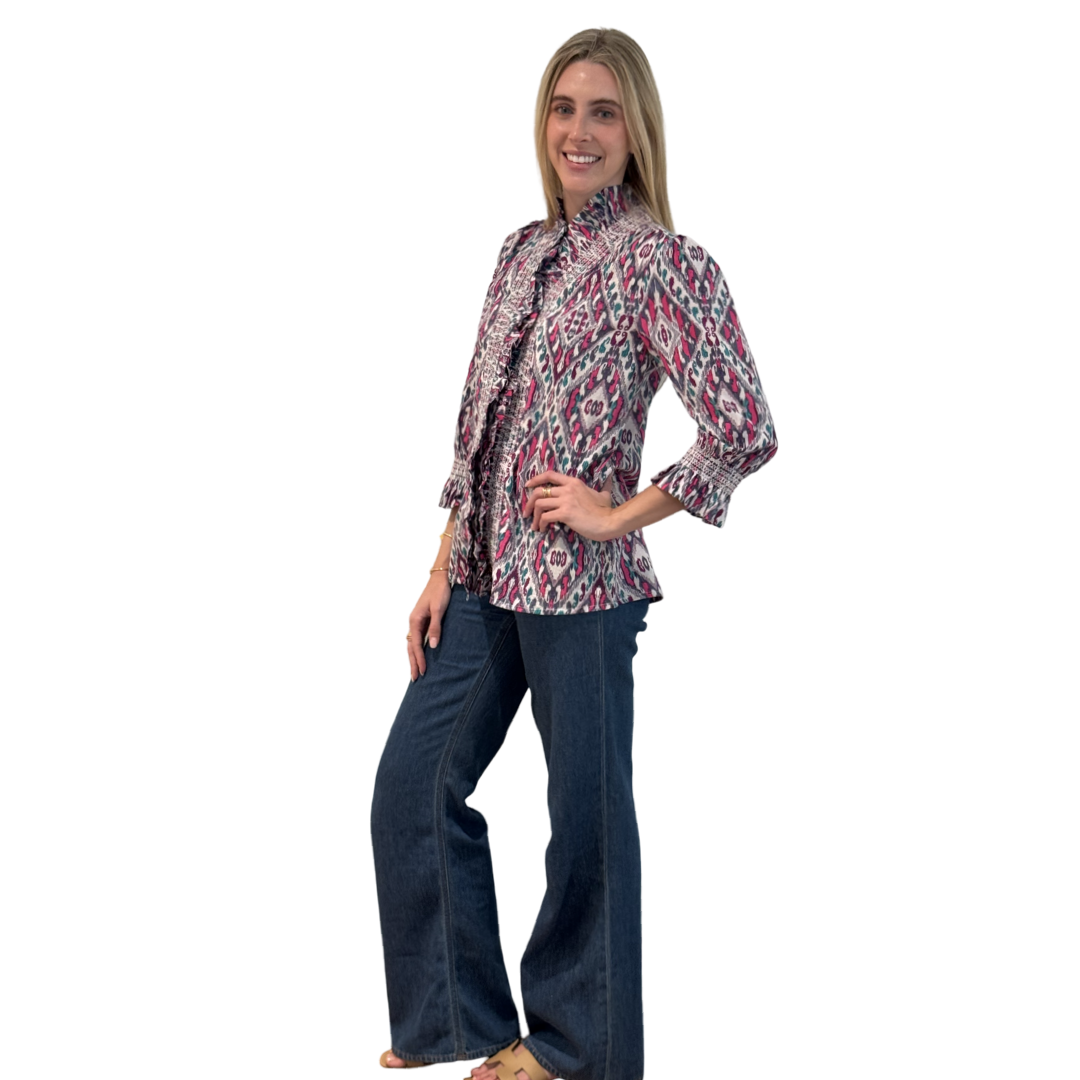 The Amelia Ruffle Trim Smocked Top in Pink and Navy Ikat — view 5