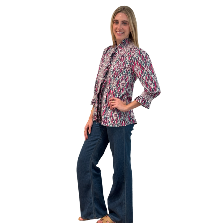 The Amelia Ruffle Trim Smocked Top in Pink and Navy Ikat — view 5