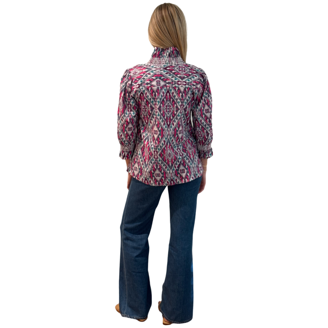 The Amelia Ruffle Trim Smocked Top in Pink and Navy Ikat — view 6