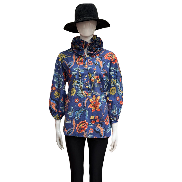 The Maria Ruffle Neck Cotton Blouse in Sunset Floral Hand Block Print — view 7