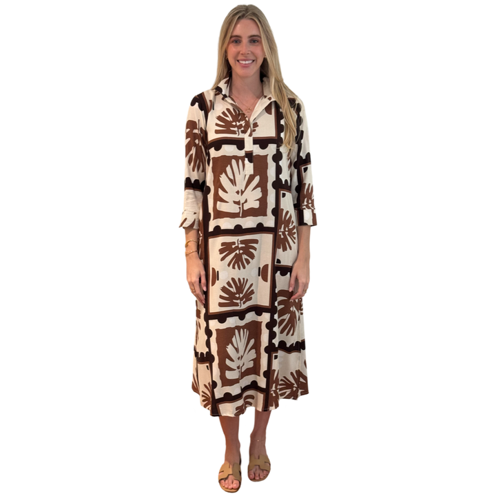 The Lisette Dress In Brown Abstact Palm Print — view 3